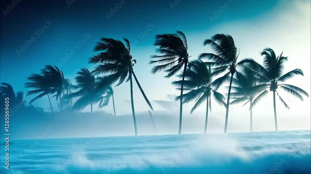 Poster a serene coastal scene with tall palm trees swaying against a blue misty background and crashing oce