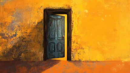 Dynamic Artistic Concept of an Open Door Set Against a Vibrant Yellow Wall with Textured Background and Intriguing Light and Shadow Play