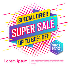 Naklejka premium Super sale special up to 80% off. big sale, end of season special offer banner. sale banner template design background. vector illustration typography banner design concept.