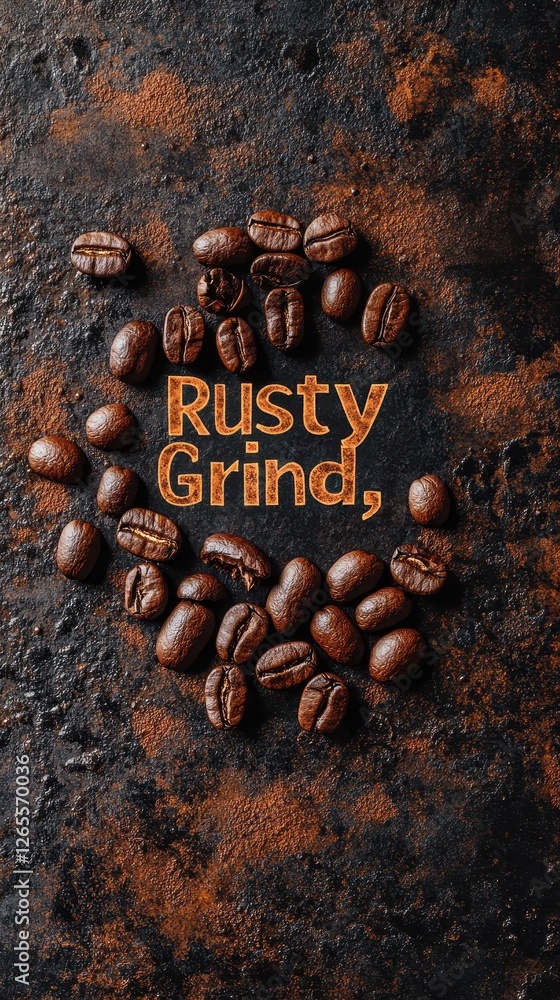 Poster Coffee beans arranged on a dark textured surface with cocoa