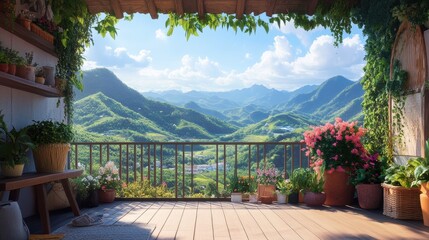 Beautiful mountain view from a charming balcony filled with plants
