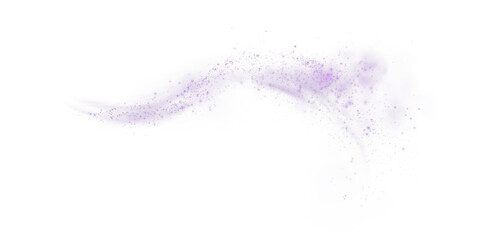 Fantastic purple smoke background. Magic purple smoke with glitter and small particles of twinkling stars. Fog with luminous particles. Purple vapor with stardust. Morning fog over land or water. PNG.