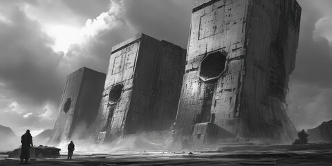 Monolithic structures dwarf figures in a desolate landscape scene