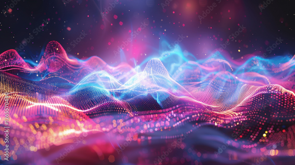 Poster digital abstract waves in vibrant colors create mesmerizing visual effect, showcasing blend of blue,