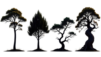 Silhouetted Trees Collection of Four Diverse Tree Types Dark Background Nature Illustration
