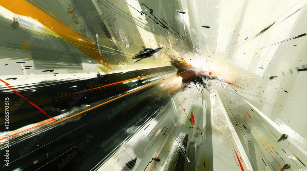 Poster dynamic abstract artwork depicting motion and energy with vibrant colors and sharp lines, creating s