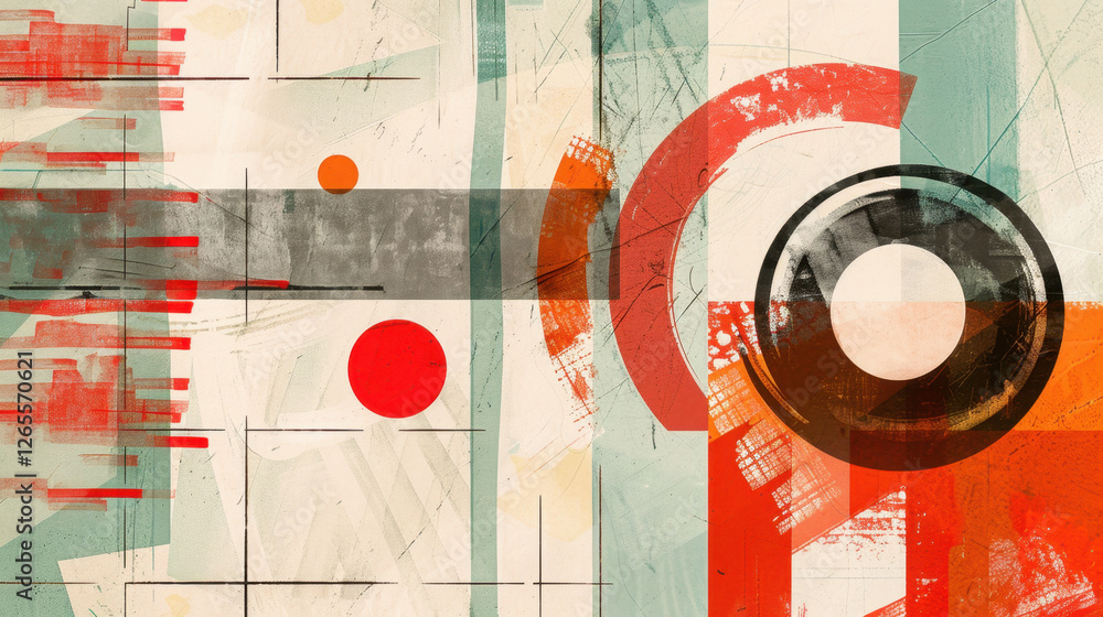 Poster abstract geometric art featuring bold colors and shapes, including circles and lines, creating dynam