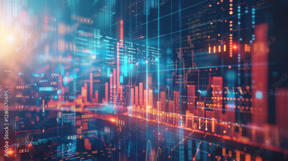 Poster abstract digital data visualization with glowing graphs and charts