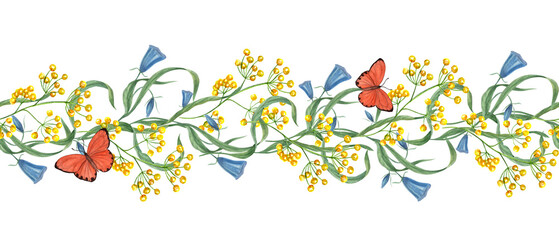Spring field yellow blue wildflowers with fluttering orange butterflies seamless horizontal banner isolated background. Watercolor blooming campanula, flowers, insects illustration for kitchen textile