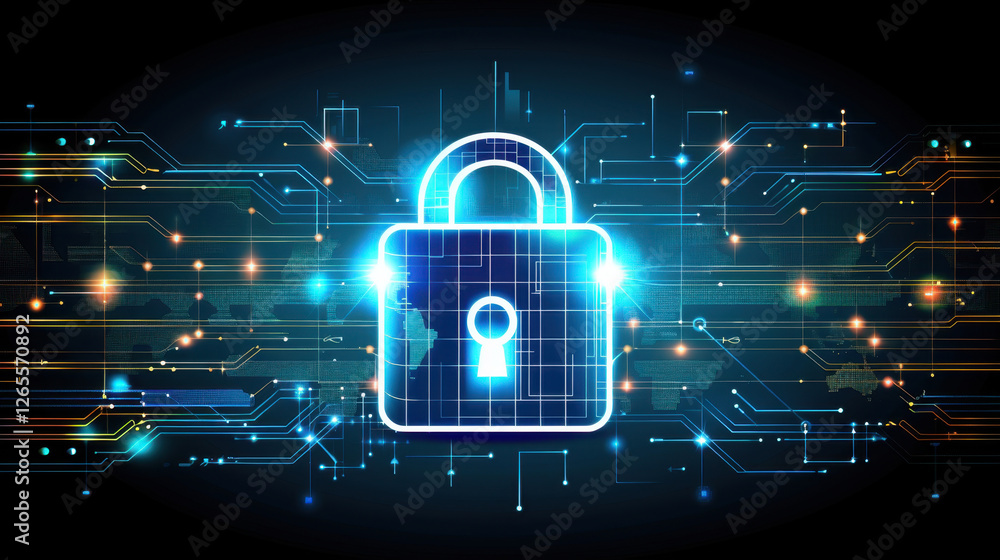 Poster digital padlock symbolizing cybersecurity with glowing circuits and data connections, representing p