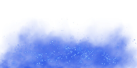 Fantastic blue smoke background. Magic blue smoke with glitter and small particles of twinkling stars. Fog with luminous particles. Blue vapor with stardust. Morning fog over land or water. PNG.