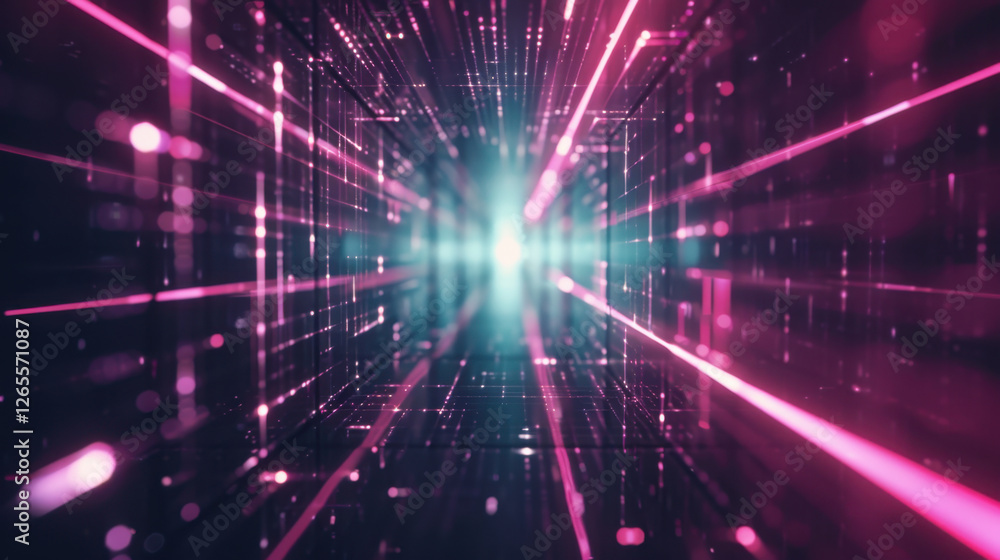 Poster futuristic digital tunnel with glowing lines and vibrant colors, creating sense of depth and motion.