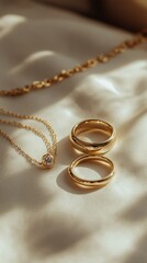 Elegant gold wedding rings and necklace on satin fabric