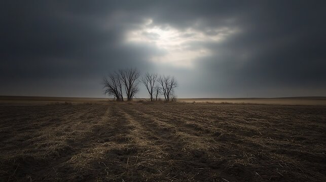 Bare Field Trees Underneath Stormy Sky