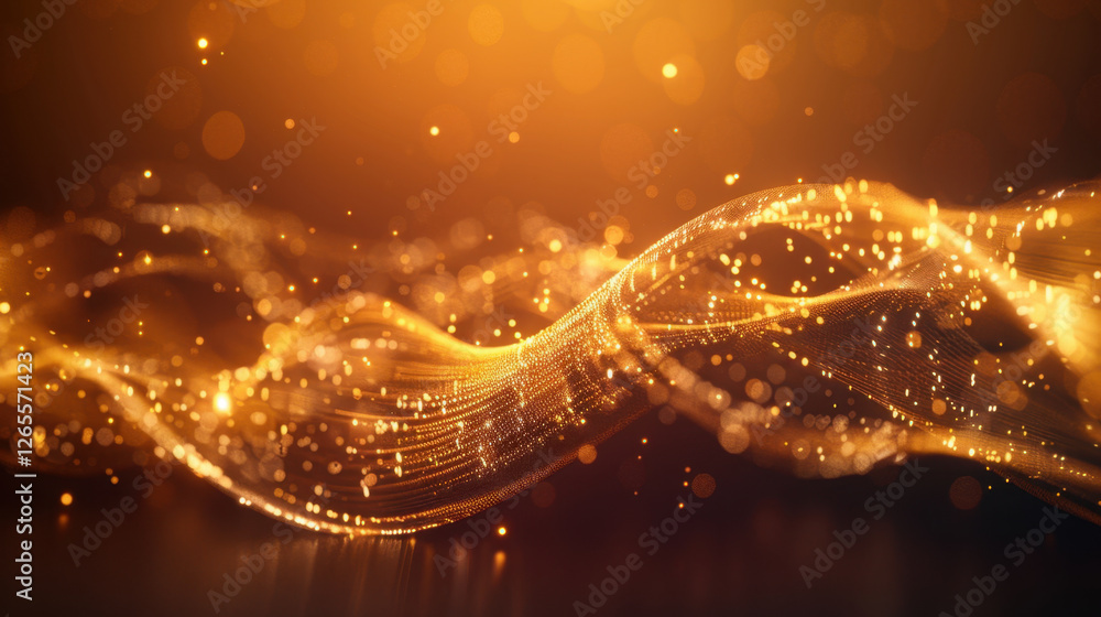 Poster mesmerizing wave of golden light with sparkling particles creates magical atmosphere. flowing lines 