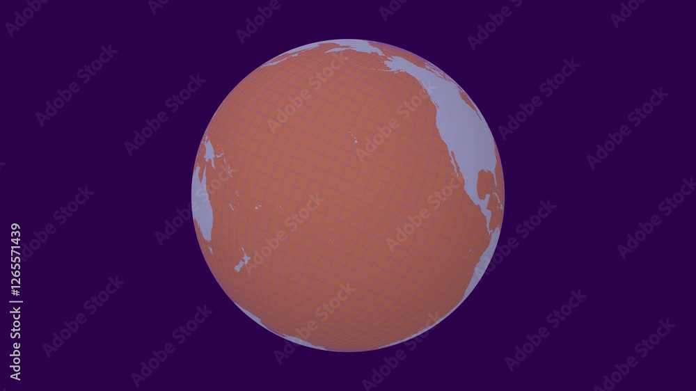 Poster rotating earth. tilted sphere view. slow speed planet rotation. solid color style. world map with de