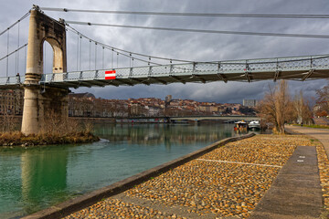 Rhone river banks, College Pedestrian bridge and old Croix-Rousse district in the background