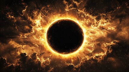 Mysterious Black Sun Radiating a Golden Fiery Corona in the Cosmic Void