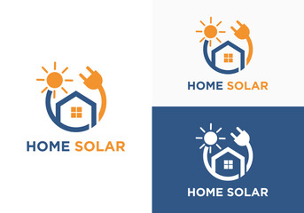 Templat ikon logo rumah tenaga surya. Panel surya dengan rumah dan matahari. Lambang perusahaan energi alternatif. listrik terbarukan logo vektor.