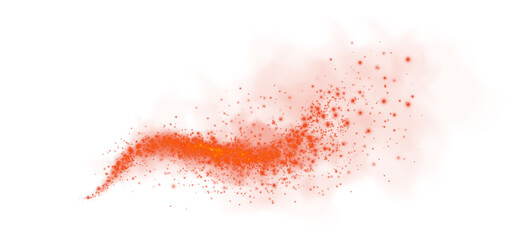 Fantastic red smoke background. Magic red smoke with glitter and small particles of twinkling stars. Fog with luminous particles. Red vapor with stardust. Morning fog over land or water. PNG.