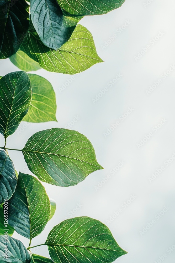 Poster lush green leaves elegantly frame a soft white background, creating a harmonious blend that evokes n