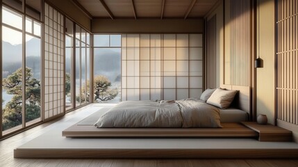 Obraz premium Minimalist bedroom features platform bed and panoramic natural view