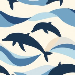 Obraz premium Seamless illustrations of minimal animals. A stylized pattern featuring dolphins swimming among waves in varying shades of blue, creating a serene oceanic theme.