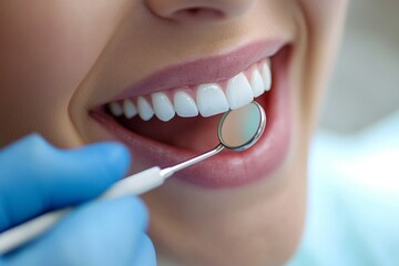 Close-up of smiling female at dental checkup with mirror tool examining teeth