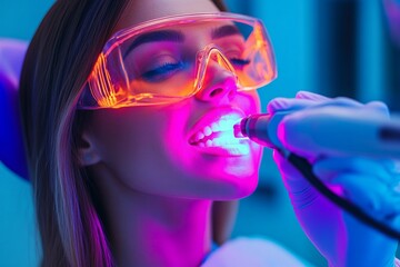 Fototapeta premium Young hispanic female receiving high-tech dental treatment with neon lighting effects