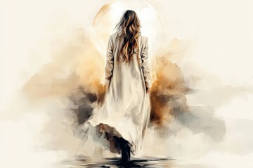 A woman standing in a field with the golden sun behind her in a spiritual moment. Digital watercolor illustration