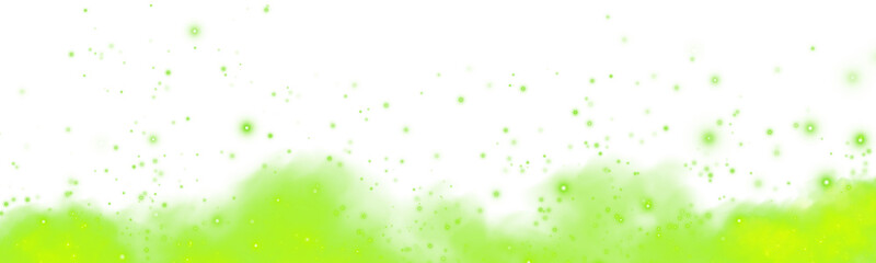 Fantastic green smoke background. Magic green smoke with glitter and small particles of twinkling stars. Fog with luminous particles. Green vapor with stardust. Morning fog over land or water. PNG.
