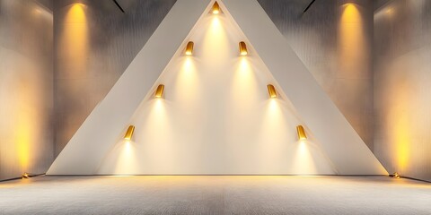 A towering triangular white wall with six golden-yellow spotlights, in a sleek room with soft carpeted flooring and metallic accents.