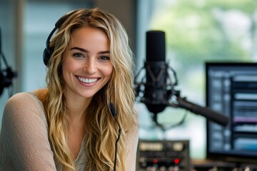 Smiling caucasian female adult radio host with headphones and microphone in studio