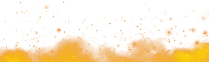 Fantastic orange smoke background. Magic orange smoke with glitter and small particles of twinkling stars. Fog with luminous particles. Orange vapor with stardust. Morning fog over land or water. PNG.