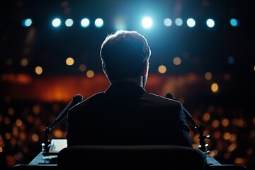Male speaker on stage under bright lights at event