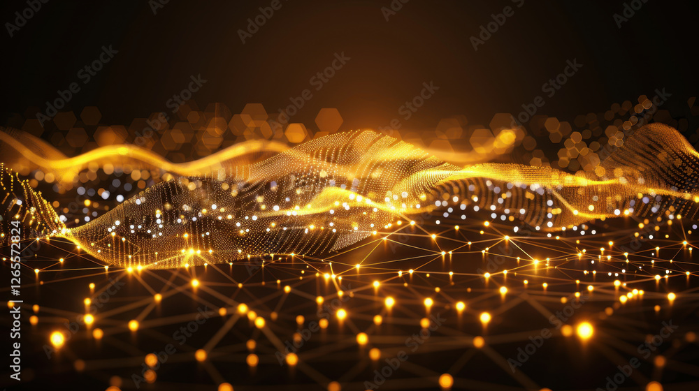 Poster abstract golden wave pattern with glowing lights and network connections, creating dynamic and futur