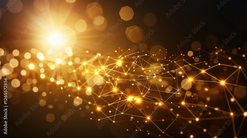 Poster abstract golden light particles create dynamic network of connections, evoking sense of energy and i