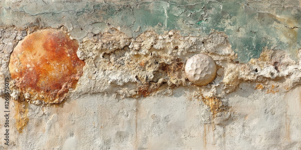 Poster textured decaying wall with circular elements in close up view