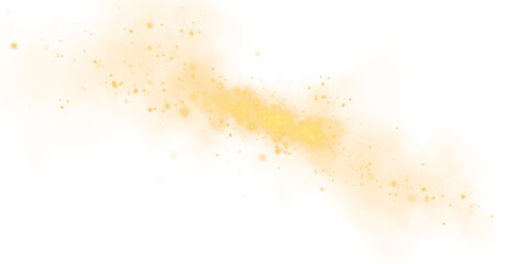 Fantastic yellow smoke background. Magic yellow smoke with glitter and small particles of twinkling stars. Fog with luminous particles. Yellow vapor with stardust. Morning fog over land or water. PNG.
