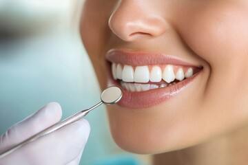 Fototapeta premium Female caucasian adult smiling at dentist with dental mirror close-up