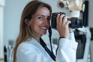 Female caucasian adult photographer smiling while holding camera in studio