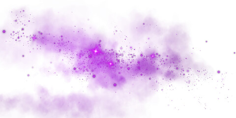 Fantastic purple smoke background. Magic purple smoke with glitter and small particles of twinkling stars. Fog with luminous particles. Purple vapor with stardust. Morning fog over land or water. PNG.