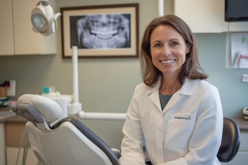 Female caucasian dentist in dental office with x-ray display background