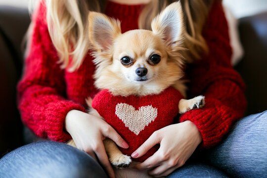Chihuahua in heart sweater held by female wearing red knit outfit - Powered by Adobe