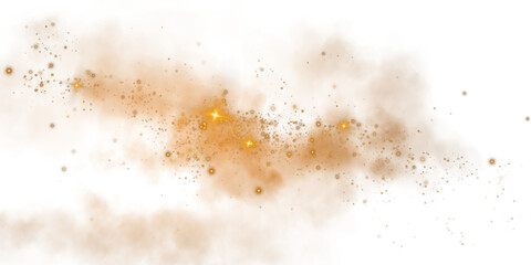 Fantastic orange smoke background. Magic orange smoke with glitter and small particles of twinkling stars. Fog with luminous particles. Orange vapor with stardust. Morning fog over land or water. PNG.