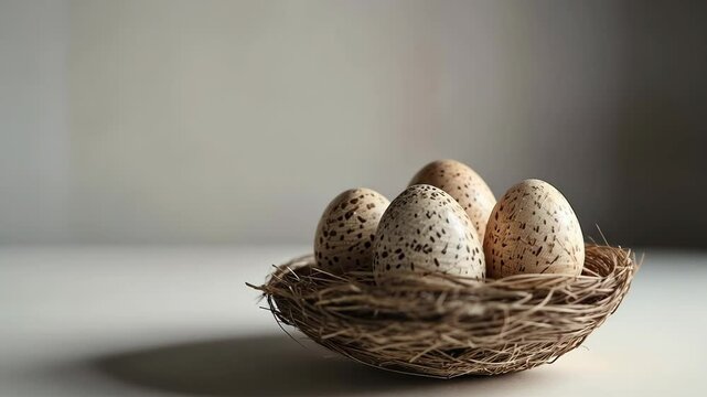 Natural speckled eggs resting in a rustic nest on a wooden surface in soft natural light