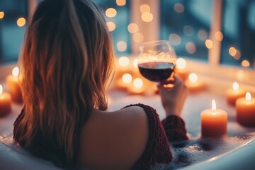 Female relaxing in bathtub with wine and candles at night