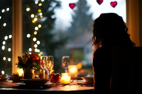 Silhouette of woman at romantic candlelit dinner with heart decorations
