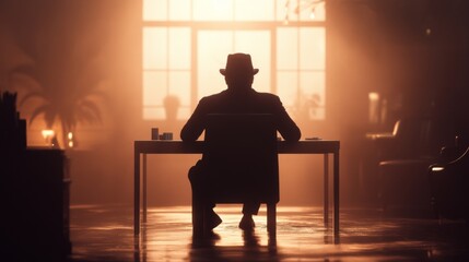 Obraz premium Man in hat sits at desk, room's dimly lit, website banner