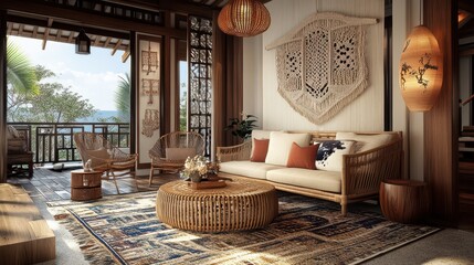 Obraz premium Beautifully decorated living room with an ocean view from a balcony